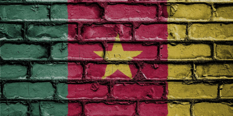 Cover image for "Where is God?: The COVID-19 Pandemic in a Mission Hospital in Cameroon." The flag of Cameroon painted on a brick wall.