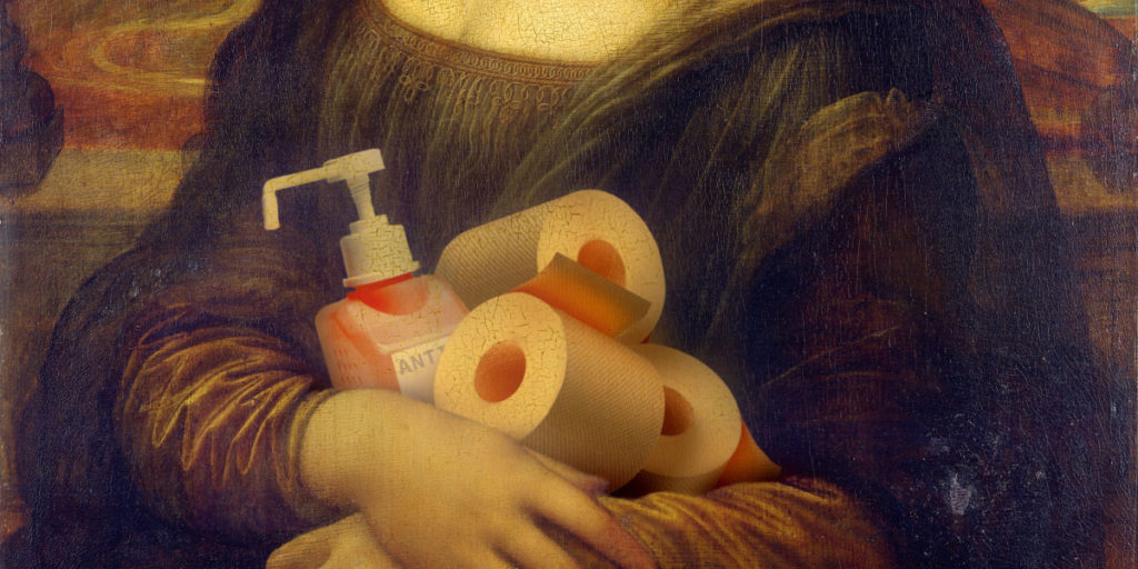Image for "The Coronavirus Has Drastically Altered our Daily Lives" - The Mona Lisa holds hand sanitizer and toilet paper